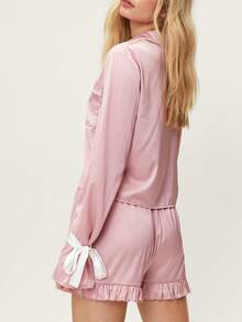 2pcs Women Pajama Set, Long Sleeve Bow Tie Collar Shirt And Shorts Sleepwear Homewear - Pink - View 2
