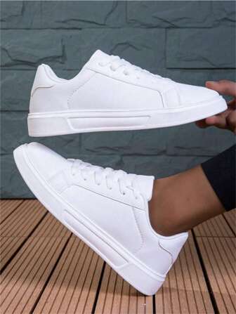 Men's Casual Sports Sneakers High Quality Stylish White Shoes Versatile Soft Sole Student Skate Shoes, Anti-Slip & Wear-Resistant, Size 39-45