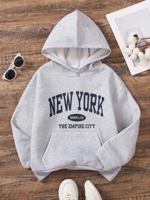 Tween Girl Sweatshirt, 2024 New Casual Letter Print Thermal Lined Long Sleeve Top, Autumn Winter - Grey - View 1