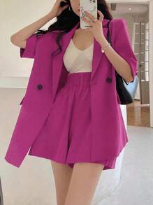 港式轻熟女夏装-后开叉薄款西装外套+高腰弹力短裤套装