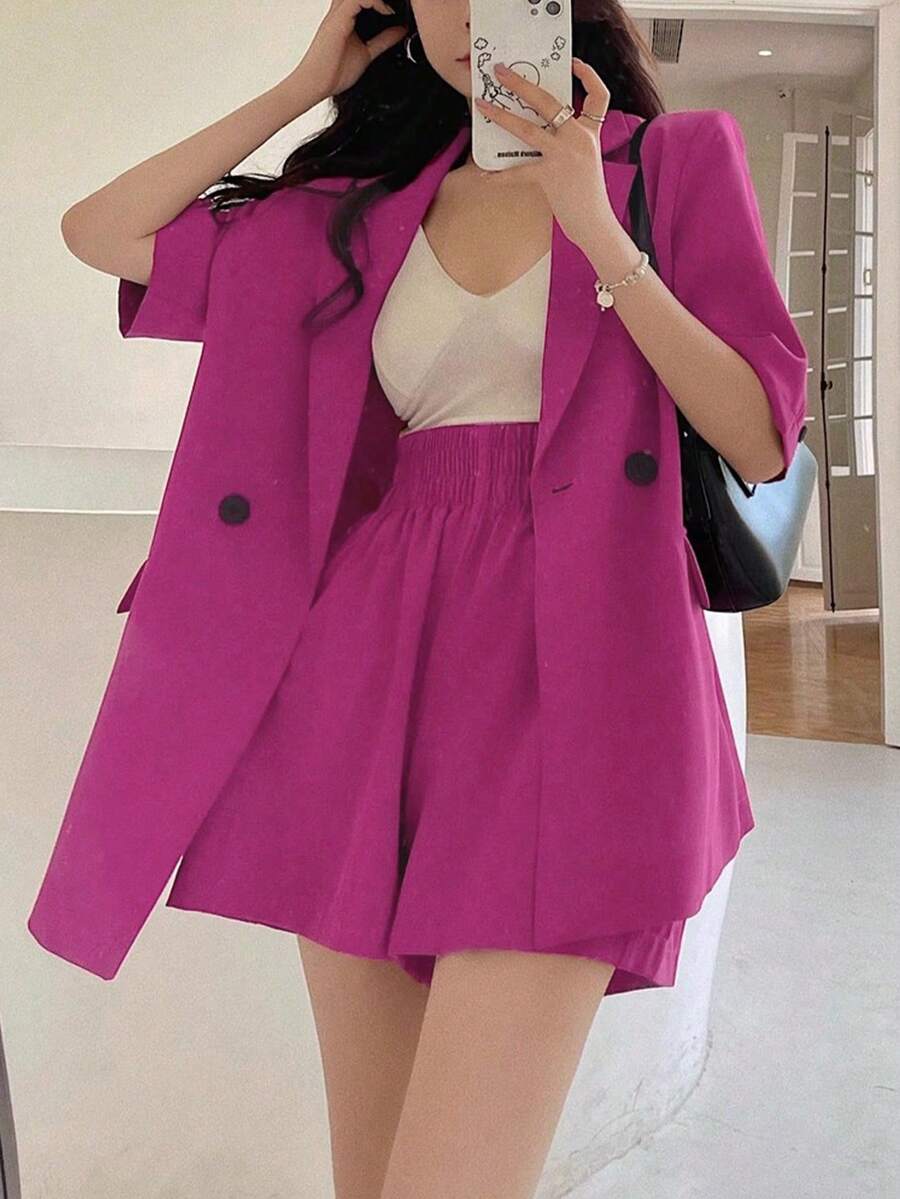 港式轻熟女夏装-后开叉薄款西装外套+高腰弹力短裤套装