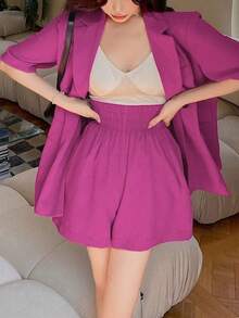 港式轻熟女夏装-后开叉薄款西装外套+高腰弹力短裤套装