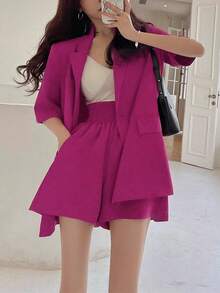 港式轻熟女夏装-后开叉薄款西装外套+高腰弹力短裤套装