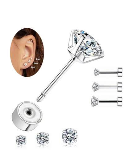 14K Gold Plated Solid Tiny Cubic Zirconia Stud Earrings, 2mm 3mm 4mm Threadless Flat Back Stud Earrings Cartilage Earring Helix Piercing Jewelry Earlobe Piercing Jewelry Gift For Women Girls