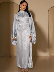 1pc Elegant Polyester Belted Dress Abaya Solid Robe - Silver - View 1