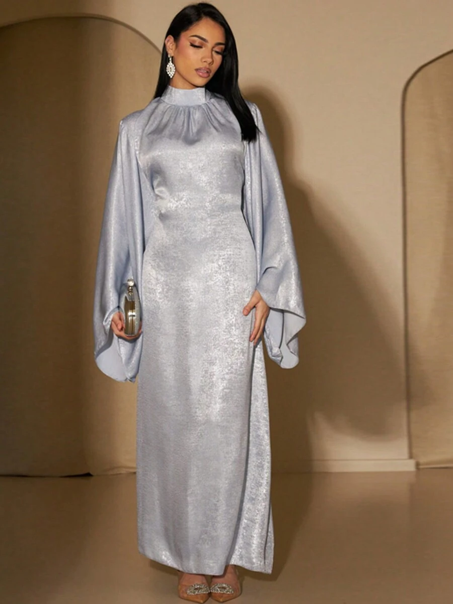 1pc Elegant Polyester Belted Dress Abaya Solid Robe - Silver - View 1