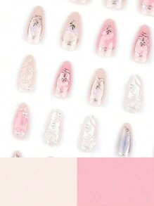 24 件长杏仁形美甲，带水晶、蝴蝶、珍珠装饰，1 件指甲胶，1 件指甲缓冲块，按压式指甲，美甲用品，美甲 - 彩色 - 查看 3