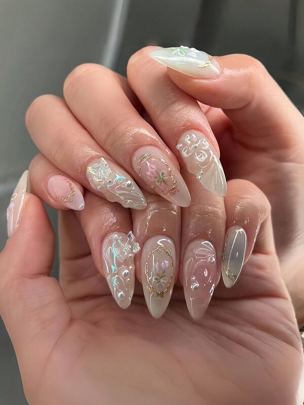 24 قطعة أظافر بشكل اللوز الطويل مزينة بالكريستال والفراشات واللؤلؤ، 1 قطعة جل أظافر، 1 قطعة كتلة تنعيم الأظافر، أظافر صناعية وملحقات الأظافر