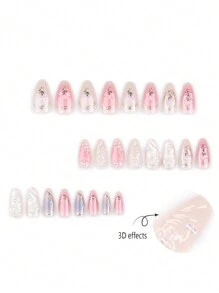 24 件长杏仁形美甲，带水晶、蝴蝶、珍珠装饰，1 件指甲胶，1 件指甲缓冲块，按压式指甲，美甲用品，美甲 - 彩色 - 查看 5