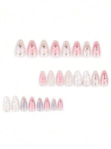 24 件长杏仁形美甲，带水晶、蝴蝶、珍珠装饰，1 件指甲胶，1 件指甲缓冲块，按压式指甲，美甲用品，美甲 - 彩色 - 查看 2