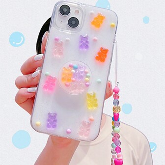 1 pieza Funda de teléfono con forma de oso lindo con correa de cuentas de estrella de colores, compatible con Samsung, Apple, Redmi, resistente al agua, a los golpes y a los arañazos