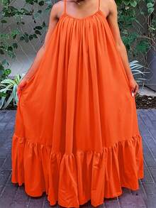 V 领无袖荷叶边下摆长款口袋连衣裙