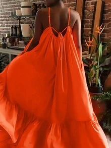 V 领无袖荷叶边下摆长款口袋连衣裙