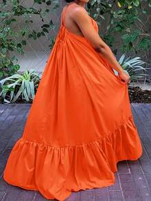 V 领无袖荷叶边下摆长款口袋连衣裙