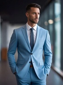 Men 2pcs Suit Set: Light Blue Suit Jacket And Pants, Casual Formal Party Gentleman Outfit - Baby Blue - View 1