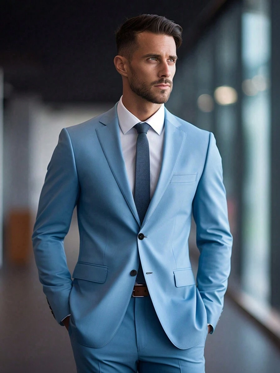 Men 2pcs Suit Set: Light Blue Suit Jacket And Pants, Casual Formal Party Gentleman Outfit - Baby Blue - View 1
