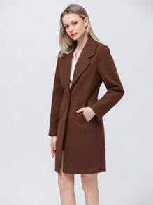 Women's Elegant Wool Blend Trench Winter Jacket Mid-Long Windproof Lapel Slim Pea Coat - Cà phê nâu - Xem 4