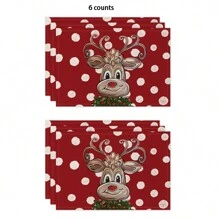 4 pezzi/6 pezzi Tovagliette natalizie rosse con renne e pois, tovagliette termoisolanti in lino, tovagliette da tavola festive per la casa e gli eventi di vacanza 12 in * 18 in / 45 * 30 cm