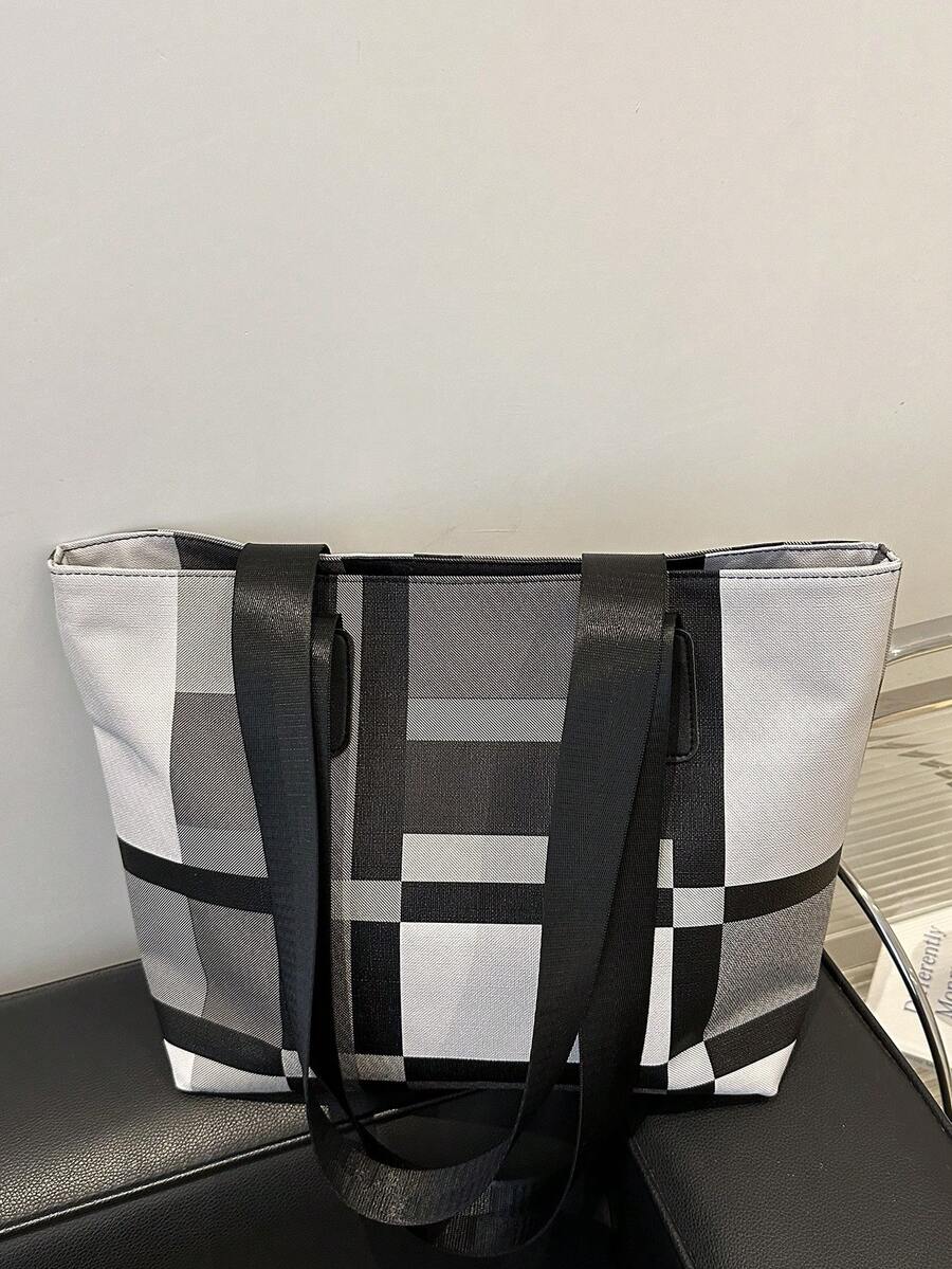 New Color Block Shoulder Bag, Fashion Large Capacity Handbag, Versatile Tote Bag - Grey - View 1