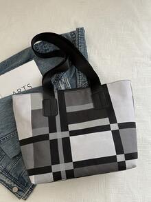 New Color Block Shoulder Bag, Fashion Large Capacity Handbag, Versatile Tote Bag - Grey - View 3