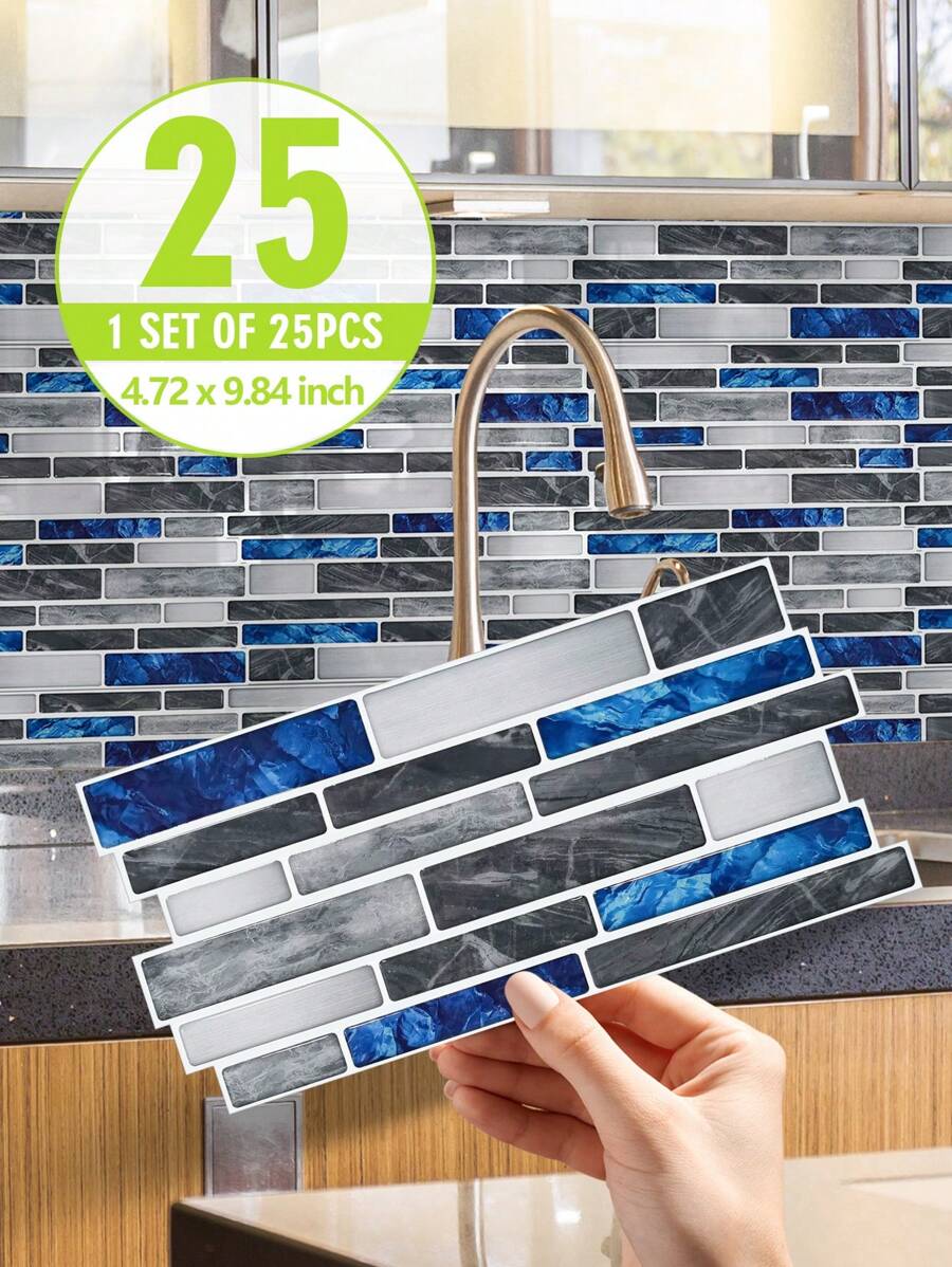 SUPSTICKER 1/25片 藍灰色黑色大理石 2D 廚房防濺貼紙，加厚自黏防水防油/耐熱，9.84x4.72英吋，適用於廚房