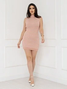 Women's Modal Striped Knitted Tank Top Dress - 藕粉色 - 查看 3