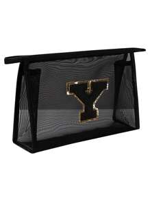 1个黑色网袋，大容量带黑色姓名首字母，毛巾刺绣字母A-Z，透明网状化妆品收纳袋，多功能旅行便携包，口红护肤品收纳洗漱化妆包，学生文具袋，网状拉链袋，旅行化妆品包装收纳袋，简约高档，配饰收纳，适用于宿舍收纳，旅行，出差，游泳，居家收纳 - 黑色 - 查看 21