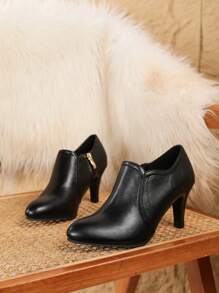女士纯色简约秋冬侧拉链黑色细高跟踝靴女士优雅尖头高跟鞋 - 黑色 - 查看 6
