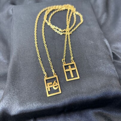 Escapulário Fé Em Aço Inox Dourado Cordão Masculino Corrente 70cm Colar Religioso
