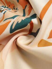 女式花卉印花半身裙，假抽绳褶皱松紧腰荷叶边下摆，女士秋季服装 A 字裙 - 米色 - 查看 5