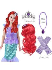 4 piezas/set Peluca rizada larga roja de princesa con accesorios joyería de temática de sirena (peluca, corona, guantes, cetro), perfecta para fiestas de cumpleaños, accesorios de disfraz de princesa para actuaciones, ideal para regalos de niñas