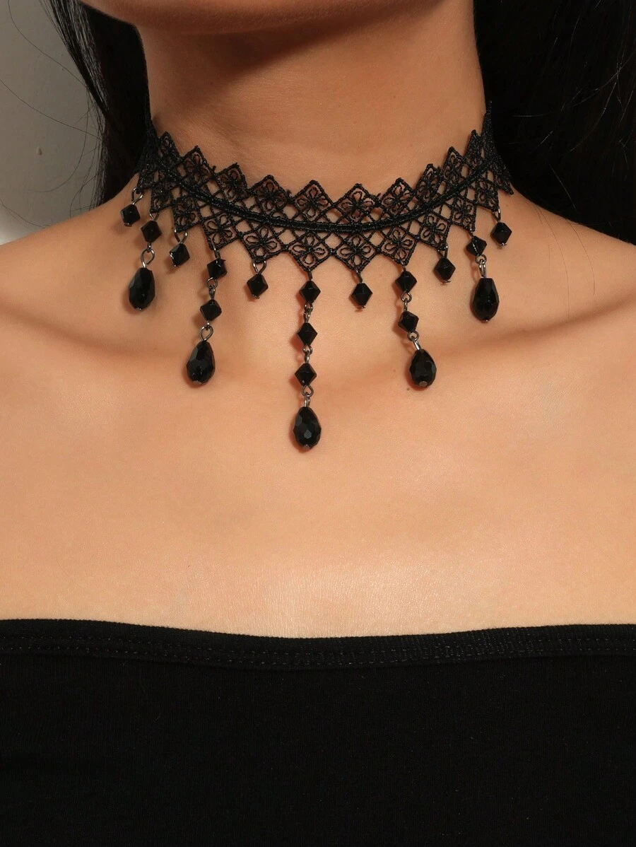 1pc Goth Style Spider Web Lace Pendant Necklace, Punk Tassel Choker Necklace