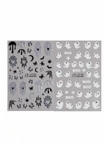 万圣节设计美甲贴纸发光可爱幽灵，闪光南瓜蝙蝠蜘蛛网，骷髅骨头自粘滑块装饰美甲 - 黑與白 - 查看 10