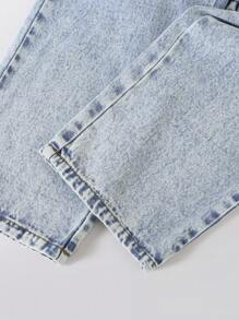 Teen Girl 2pcs Outfit Set: Black Ribbed Casual Top + Distressed Light Wash Straight Leg Jeans