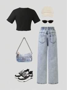 Teen Girl 2pcs Outfit Set: Black Ribbed Casual Top + Distressed Light Wash Straight Leg Jeans