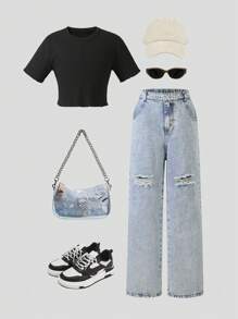 Teen Girl 2pcs Outfit Set: Black Ribbed Casual Top + Distressed Light Wash Straight Leg Jeans