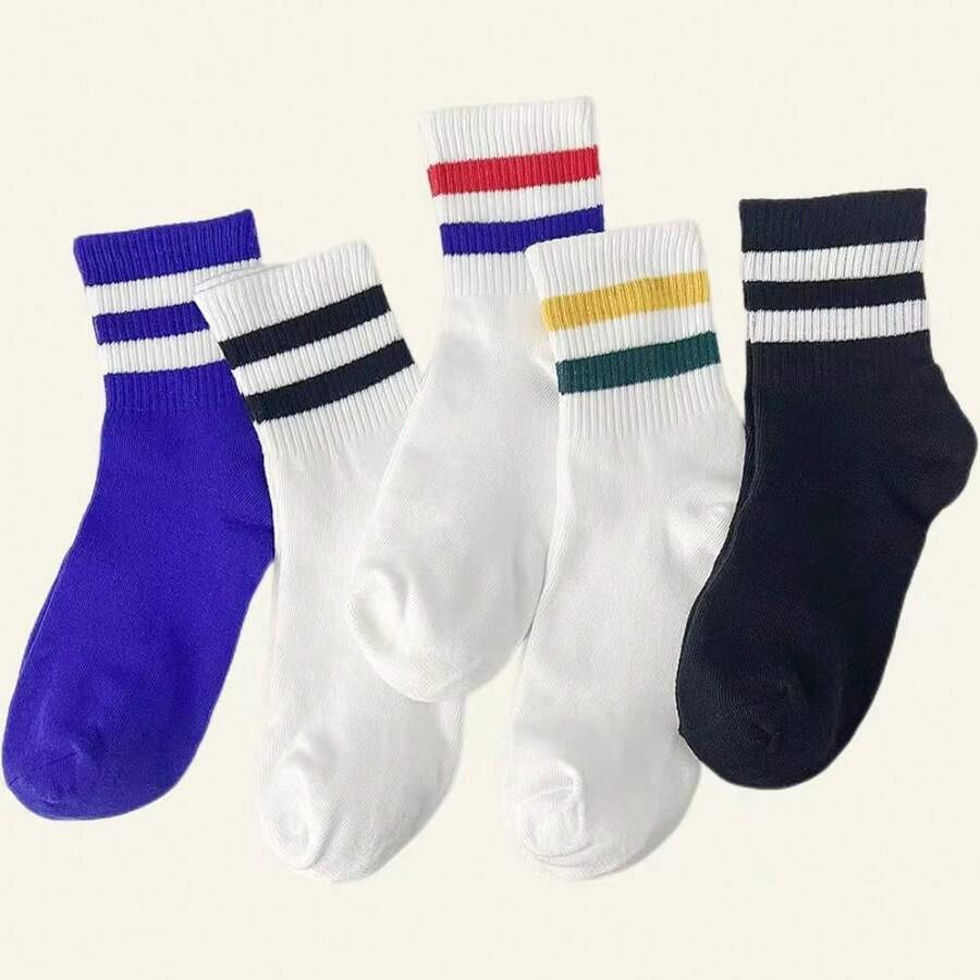 5prs/Gói Tất thể thao dài đến bắp chân 2 sọc, màu trơn dành cho nam - Nhiều màu - Xem 1