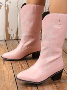 女士时尚中筒靴，粗跟，粉色尖头西式靴 - 粉色 - 查看 3