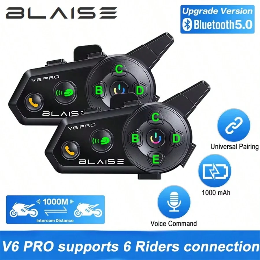 BLAISE V6 PRO Motorcycle Intercom Helmet Bluetooth Headsets,Handsfree Communicator Up To 6 Riders Interphone With Music Sharing - 2 PCS - View 1