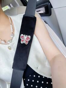 Butterfly Crystal Decor Car Seat Belt Covers, Creative Shoulder Strap Protection Pads Car Interior Accessories - one-size - View 4