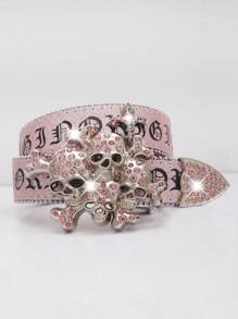 1pc Fashion Letters Pattern Goth Dark Style Western Fashionable Pink Glitter Leather Rhinestone Skull Decor Y2K Cowgirl BB Rhinestone Belt Women For Parties, Proms, Sparkling Decorations Outings, Boyfriend Gifts Summer, School Fall, Autumn, Halloween