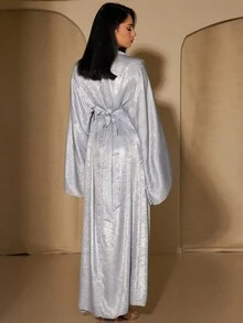 1pc Elegant Polyester Belted Dress Abaya Solid Robe - Silver - View 4