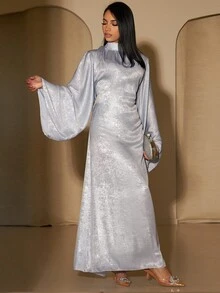 1pc Elegant Polyester Belted Dress Abaya Solid Robe - Silver - View 3