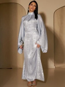 1pc Elegant Polyester Belted Dress Abaya Solid Robe - Silver - View 2