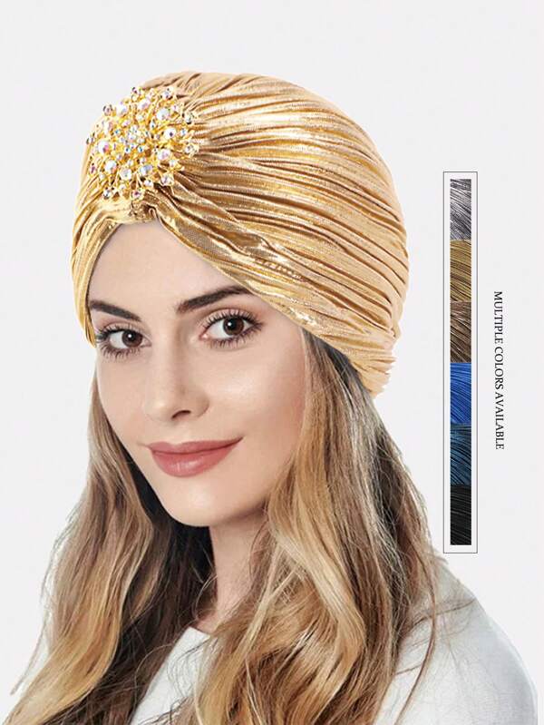 1pc Women's Vintage Metal Pleated Gilding Arabic Turban Hat Headscarf, Suitable For Daily Use