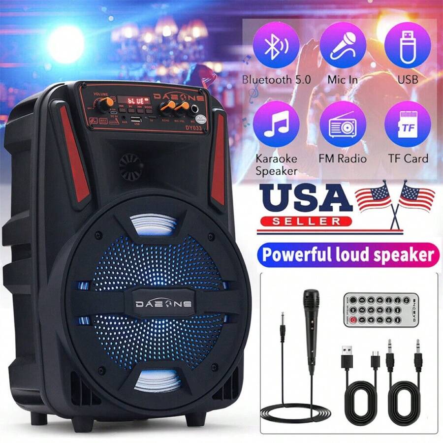 Dazone Altavoz Bluetooth portátil de 8" con subwoofer, altavoz inalámbrico con micrófono, recargable por USB, sonido de graves potentes, sistema de sonido para fiesta con LED, AUX, FM, control remoto y asa con luz LED - Negro - Ver 1