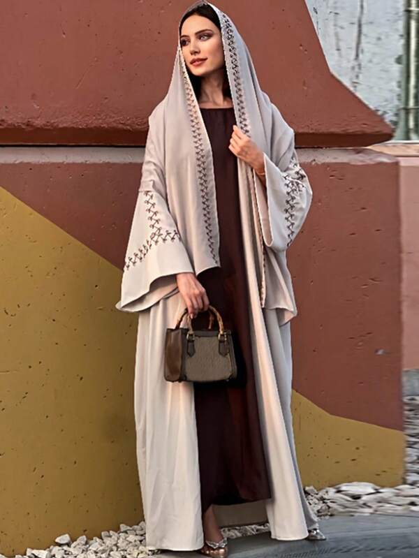 1pc Elegant Polyester Embroidered Open Abaya Cardigan Kaftan With Matching Hijab