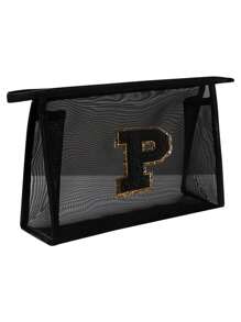 1个黑色网袋，大容量带黑色姓名首字母，毛巾刺绣字母A-Z，透明网状化妆品收纳袋，多功能旅行便携包，口红护肤品收纳洗漱化妆包，学生文具袋，网状拉链袋，旅行化妆品包装收纳袋，简约高档，配饰收纳，适用于宿舍收纳，旅行，出差，游泳，居家收纳 - 黑色 - 查看 13