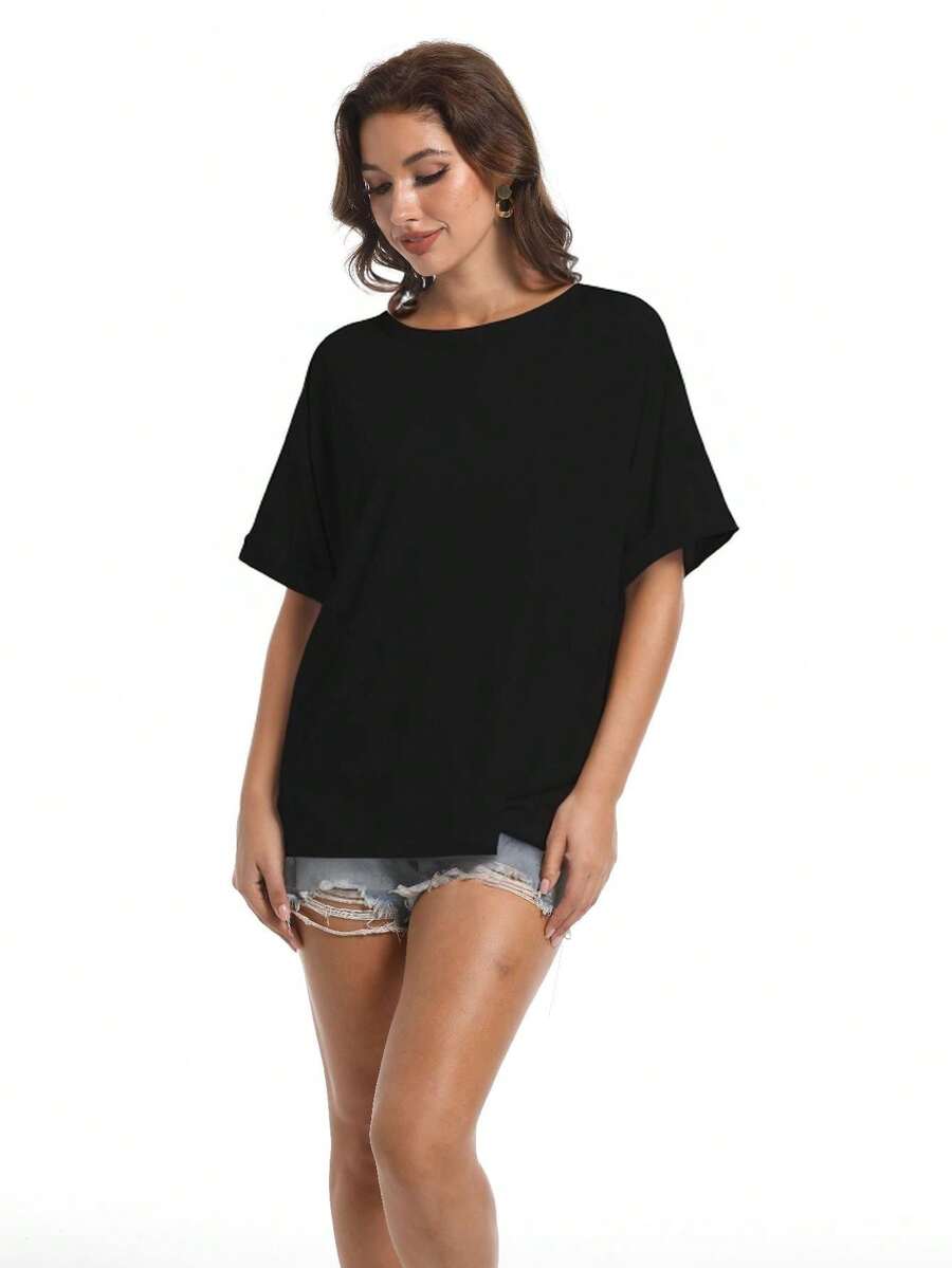 Women Oversized T-Shirt Loose Fit Workout Tops Short Sleeve Gym Basic Tee Shirt - 黑色 - 查看 1