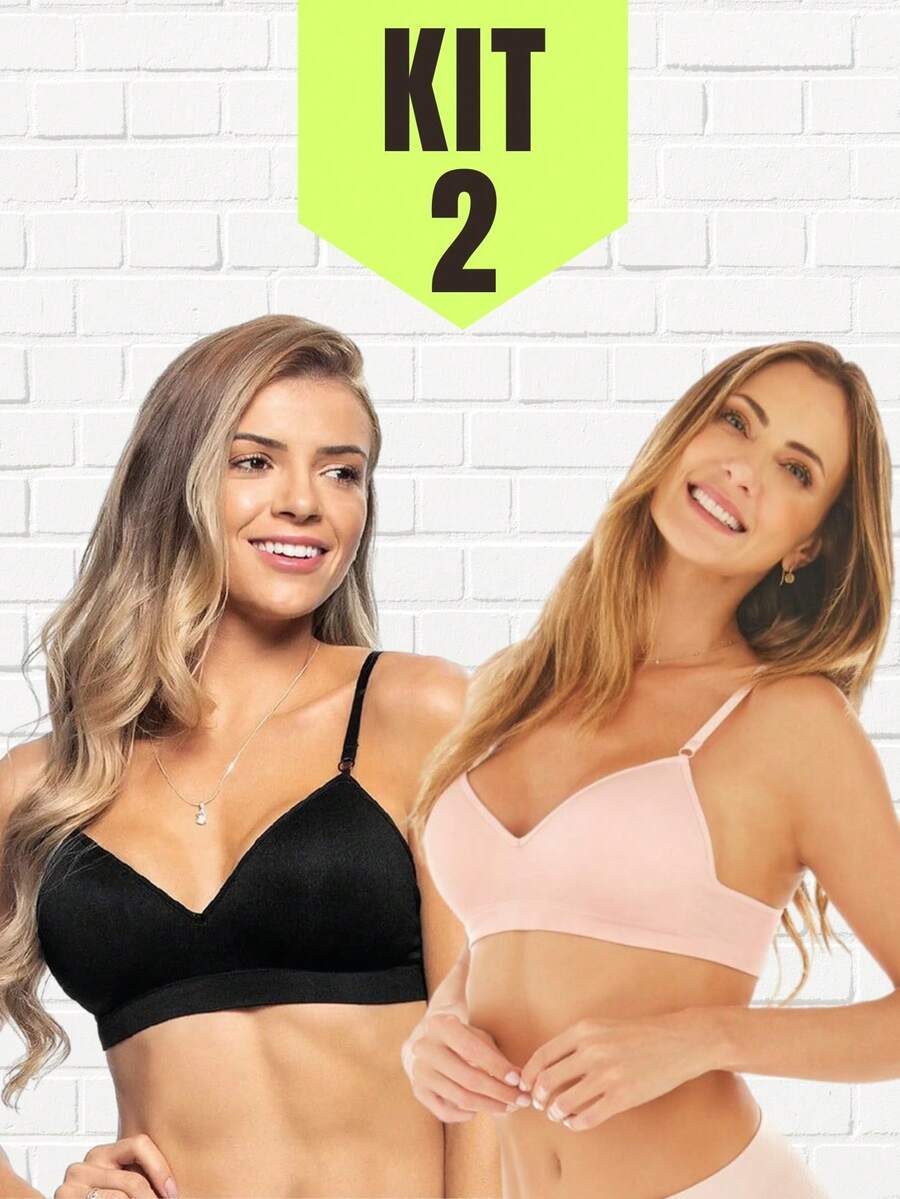 Kit 2 - Wire-Free Adjustable Thin Strap Fixed Cup Bra - Baby Pink - View 1